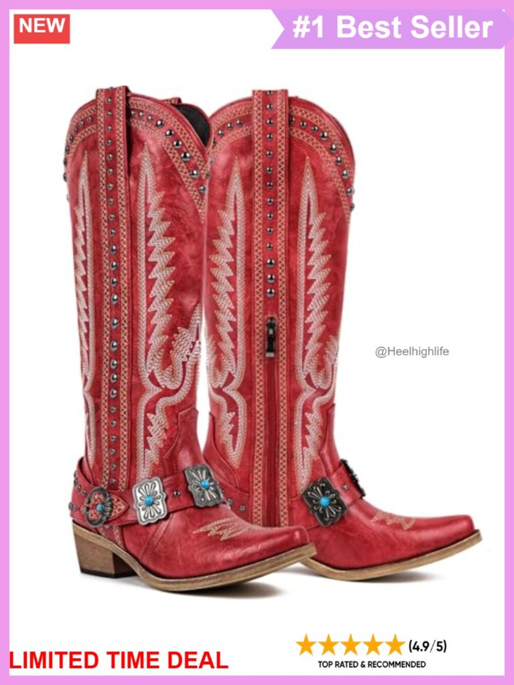 Knee High Western Cowboy Boots with Embroidery Belt Buckle Chains